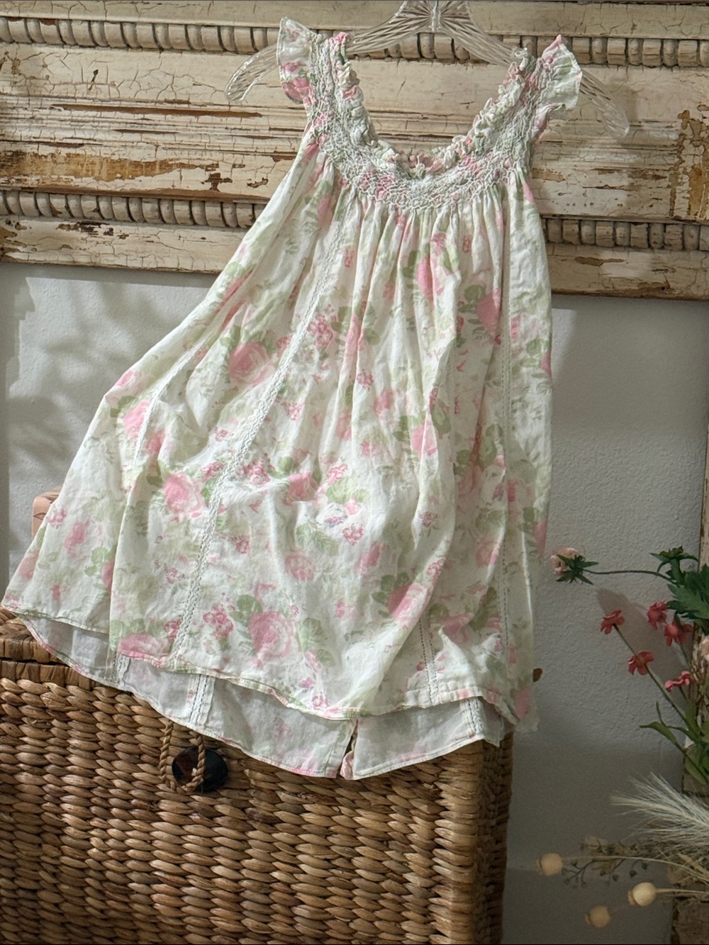 LoveShackFancy Floral Smocked Chemise in Pink & Cream